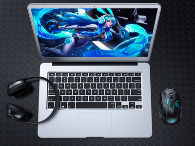 现代计算机工作场景 耳机、电脑与鼠标的完美结合